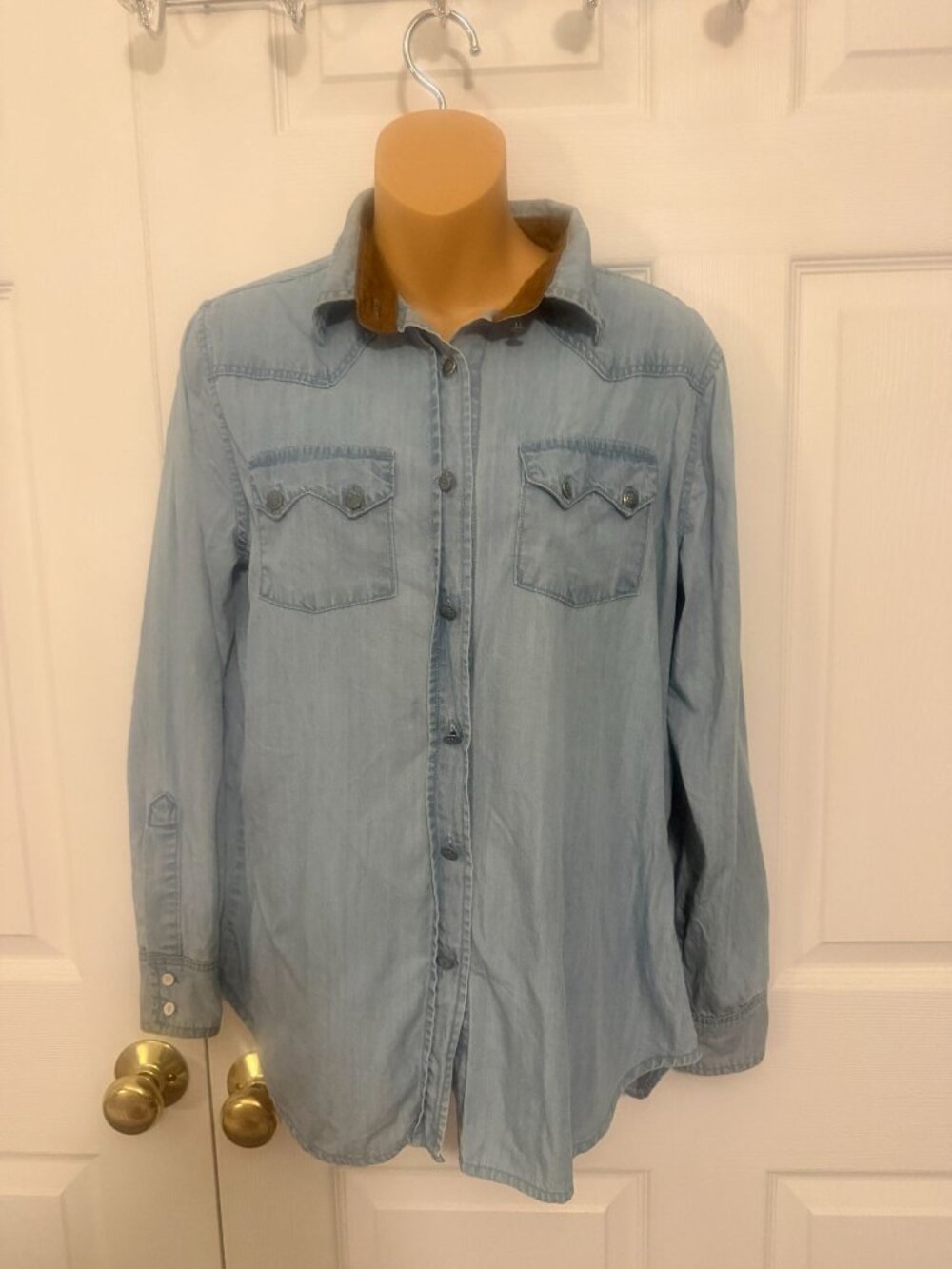 Tasha Polizzi Womens Denim Western Style Shirt Turquoise Accent M